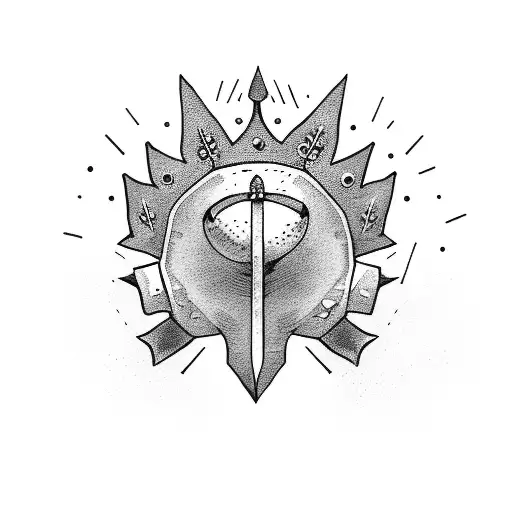 a longsword in the ground with golden crown in the middle and a small potato plant in the ground simple tattoo design idea