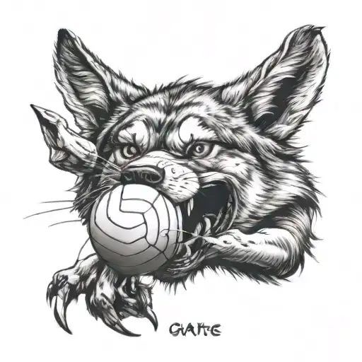 A realistic portrait of a wolf playing volleyball with a Magic the Gathering card in its mouth tattoo design idea