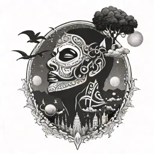 A celestial scene with a man wearing a gnaga mask looking up at the sky tattoo design idea