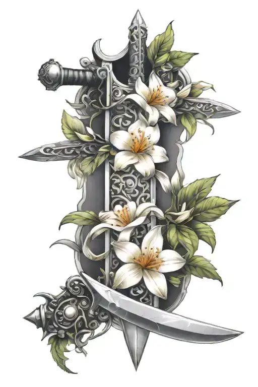sword and crown with Jasmine flowers growing up the sword tattoo design idea