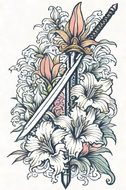 gladiolus flower with sword embedded within tattoo design idea