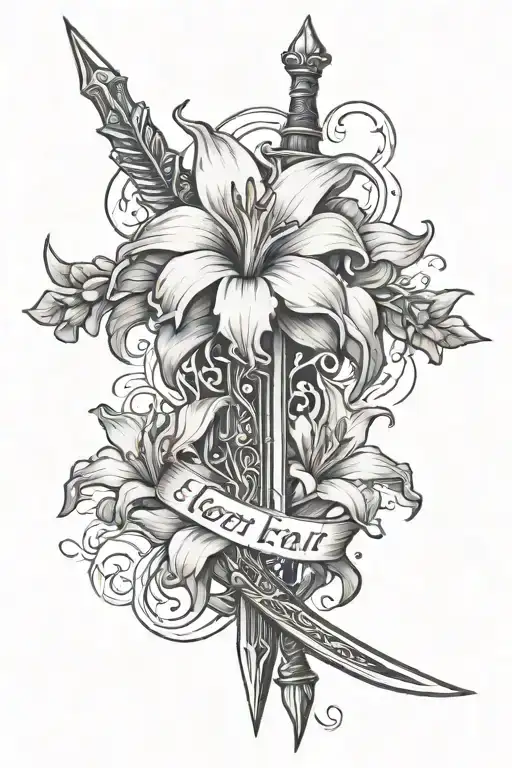 gladiolus flower with sword embedded within with the words never look into the future with eyes of fear  tattoo design idea