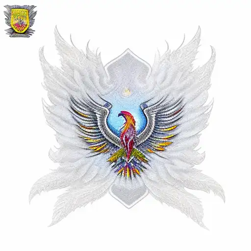 A phoenix with intricate feathers, each representing a family member, perched on a law enforcement badge with a dental hygiene symbol incorporated tattoo design idea