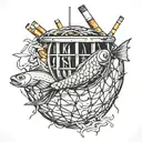 A basketball net made of cigarettes with fish swimming through it, representing the client's favorite things tattoo design idea