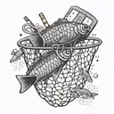 A basketball net made of cigarettes with fish swimming through it, representing the client's favorite things tattoo design idea