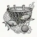 A basketball net made of cigarettes with fish swimming through it, representing the client's favorite things tattoo design idea