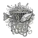 A basketball net made of cigarettes with fish swimming through it, representing the client's favorite things tattoo design idea