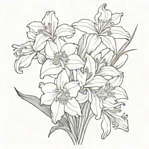 bouquet with carnation, iris, daffodil, and narcissus flowers tattoo design idea