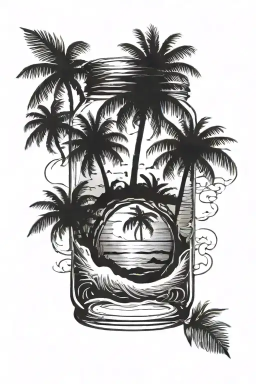 Glass jar with sunrise on ocean beach into it, with surf sunbed and tropical trees tattoo design idea