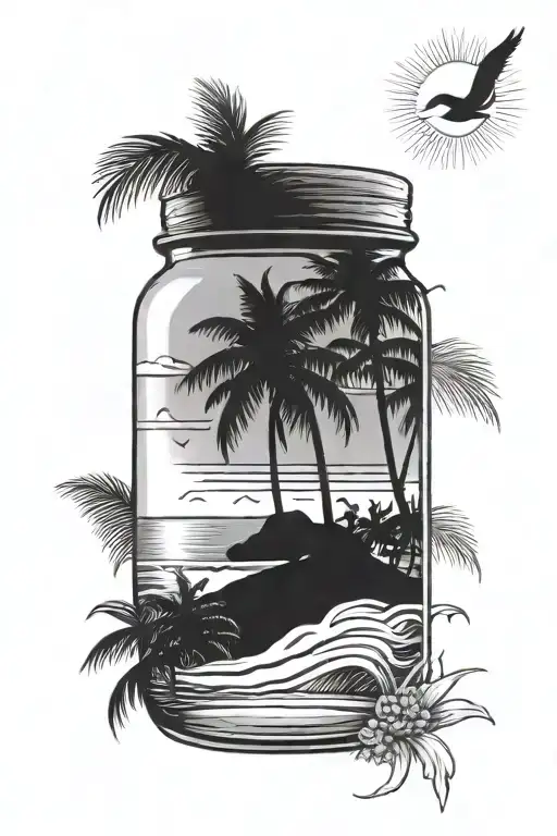 Glass jar with sunrise on ocean beach into it, with surf sunbed and tropical trees tattoo design idea