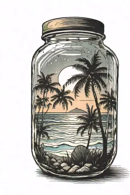 Glass jar with sunrise on ocean beach into it, with surf sunbed and tropical trees tattoo design idea