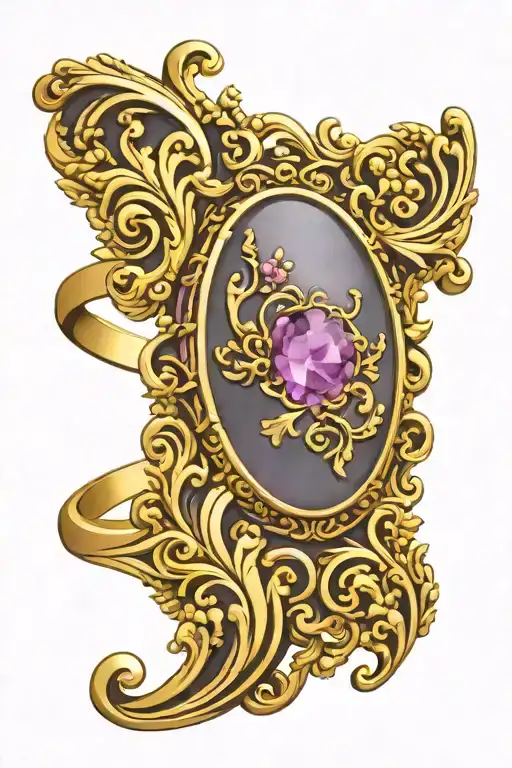 gold ring finger with amethyst oval cabochon tattoo design idea