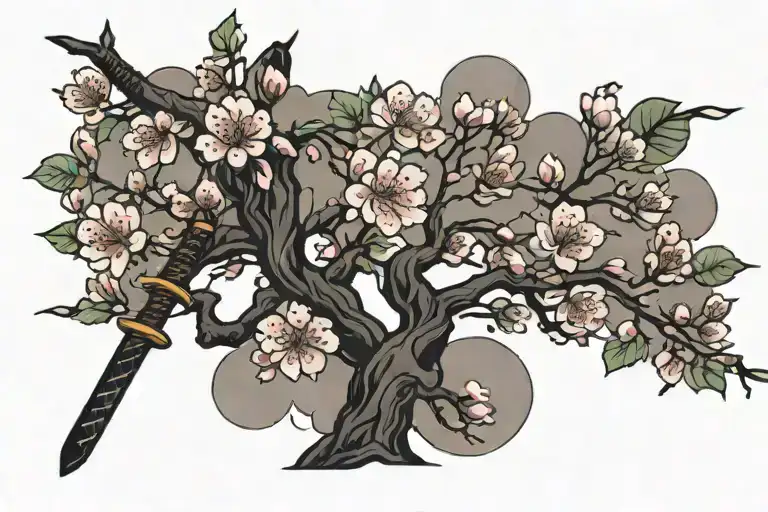 Japanese inspired cherry blossom tree with a samurai sword mixed in- located on upper pectoral tattoo design idea