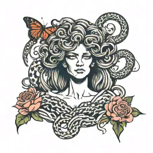 greek mythology medusa with snakes for hair and surrounding her face its roses thorns butterflies  tattoo design idea