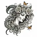 greek mythology medusa with snakes for hair and surrounding her face its roses thorns butterflies  tattoo design idea