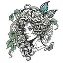 greek mythology medusa with snakes for hair and surrounding her face its roses thorns butterflies  tattoo design idea