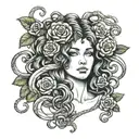 greek mythology medusa with snakes for hair and surrounding her face its roses thorns butterflies  tattoo design idea