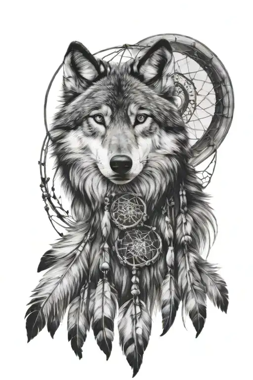 black and white wolf with dreamcatcher tattoo design idea