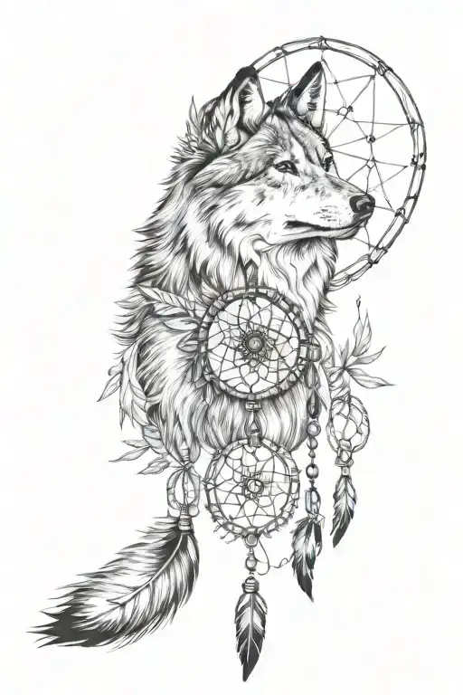 black and white wolf with dreamcatcher tattoo design idea