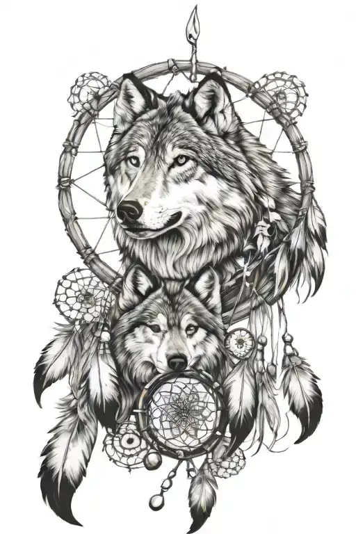 black and white wolf with dreamcatcher tattoo design idea