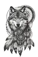 black and white wolf with dreamcatcher tattoo design idea