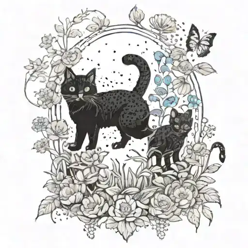 A whimsical scene of cats playing in a garden filled with lush greenery and colorful flowers tattoo design idea