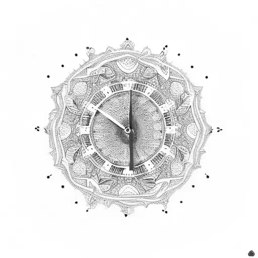 A clock face composed of tribal patterns and filled with delicate roses in dotwork style tattoo design idea