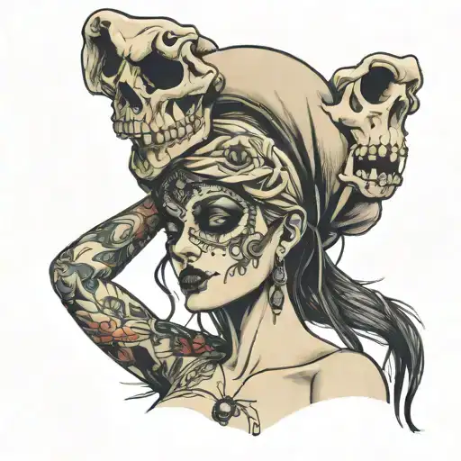 topless blindfolded woman holding skull above head   tattoo design idea