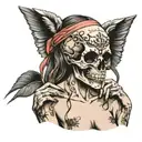 topless blindfolded woman holding skull above head   tattoo design idea
