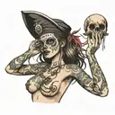 topless blindfolded woman holding skull above head   tattoo design idea
