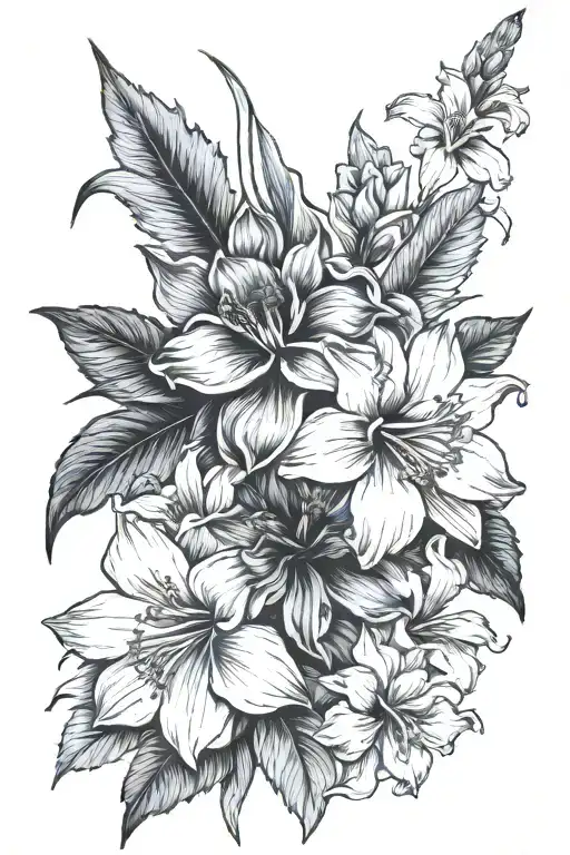 daffodils and hibiscus flower large black leaves tattoo design idea