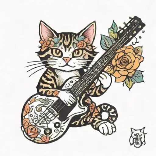 A cat playing a guitar surrounded by colorful flowers tattoo design idea