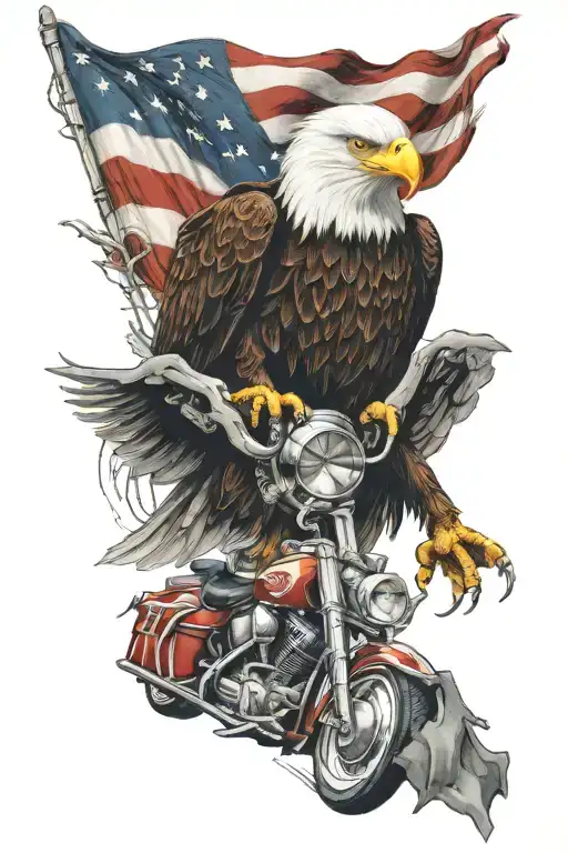 bald eagle, american flag, v-twin engine transformed tattoo design idea