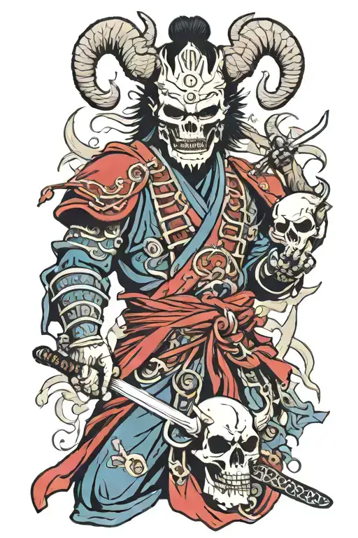 samurai with wendigo skull face surrounded  tattoo design idea