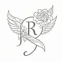 letter R and a rose with minimalist angel wings of a tattoo design idea