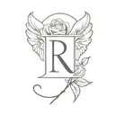 letter R and a rose with minimalist angel wings of a tattoo design idea