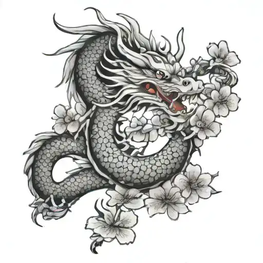 Japanese dragon and cherry blossoms tattoo design idea