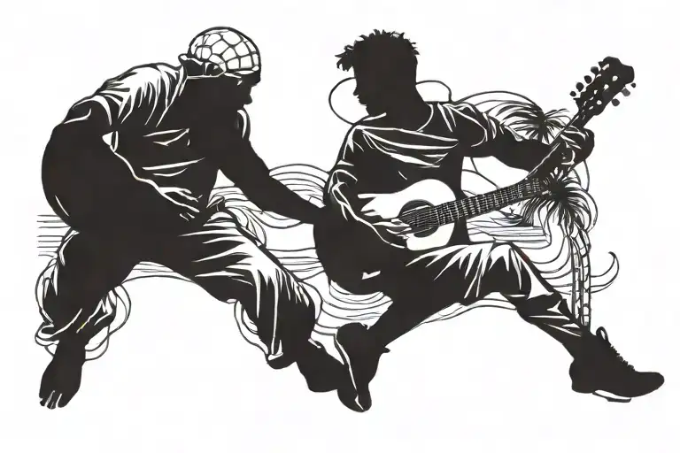 A silhouette of a soccer player playing a guitar on a Cuban beach tattoo design idea