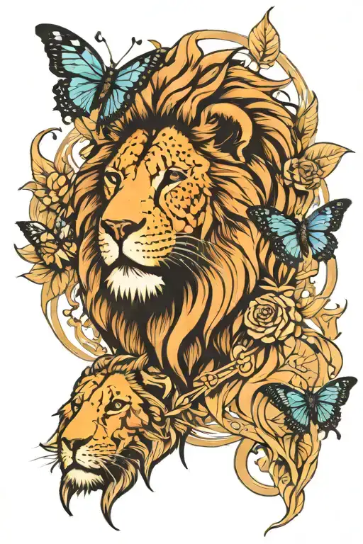 butterfly and lion head tattoo design idea