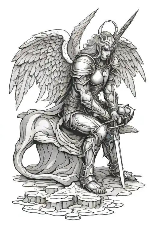 kneeling angel warrior sword pointed to ground paying respect tattoo design idea