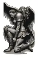 female angel warrior kneeling with head down  tattoo design idea