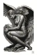 female angel warrior kneeling with head down  tattoo design idea