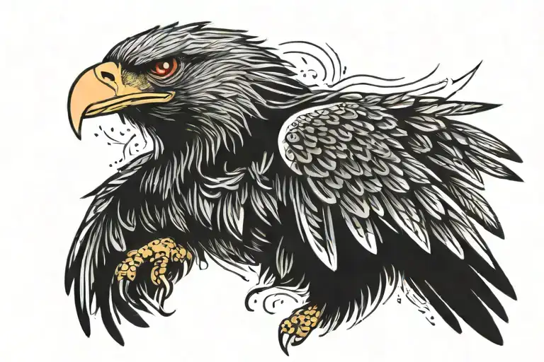 A large black eagle with its wings spread wide, its beak open in a fierce expression. The eagle has red accents on its w tattoo design idea