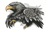 A large black eagle with its wings spread wide, its beak open in a fierce expression. The eagle has red accents on its w tattoo design idea