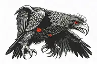 A large black eagle with its wings spread wide, its beak open in a fierce expression. The eagle has red accents on its w tattoo design idea