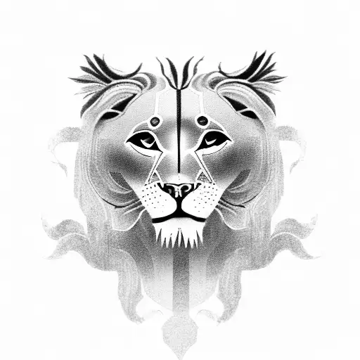 A black-grey tattoo depicting a powerful and protective lioness with the name 'Kimia' incorporated in the design tattoo design idea