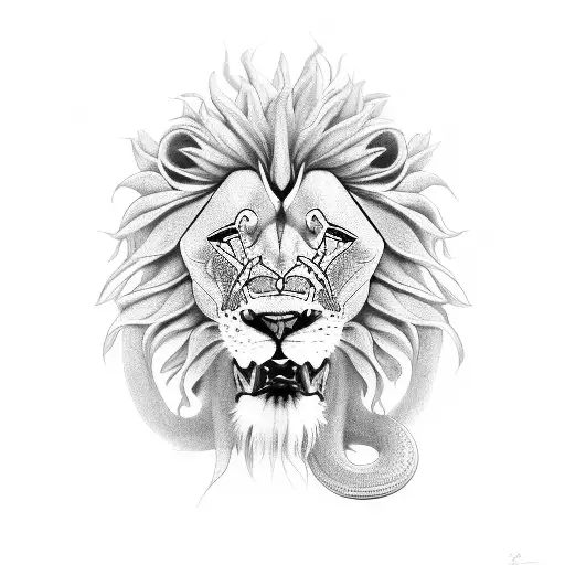 lion snake flowers tattoo design idea