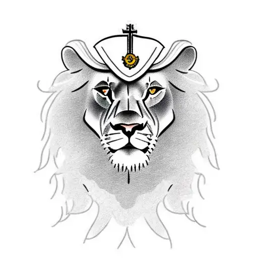 A majestic lion wearing a soldier's helmet in a church tattoo design idea