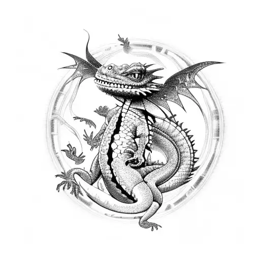 An intricate tattoo of a dragon lizard surrounded by sparkling dragonflies and hearts in a dotwork style tattoo design idea