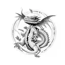 An intricate tattoo of a dragon lizard surrounded by sparkling dragonflies and hearts in a dotwork style tattoo design idea